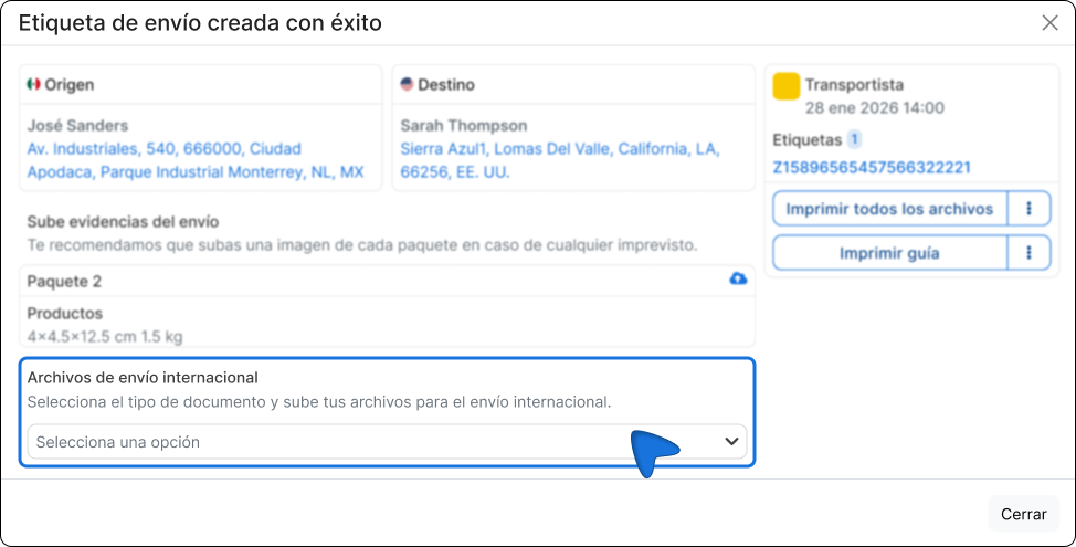 Modale "Etichetta di spedizione creata con successo"."