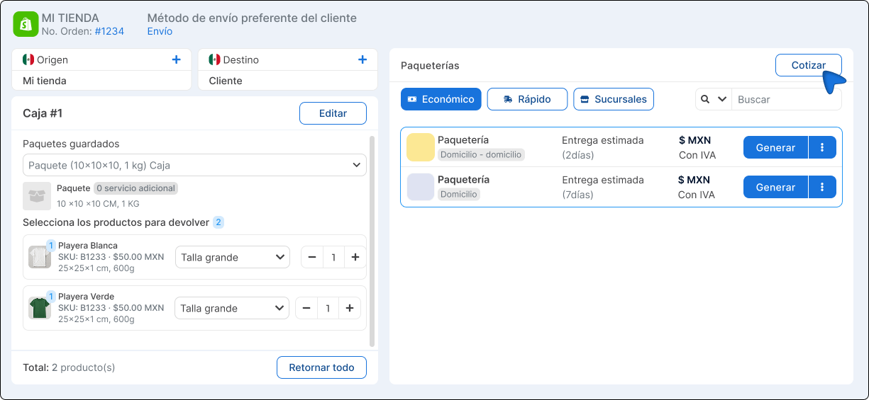 Cotizar guia con devolución. 