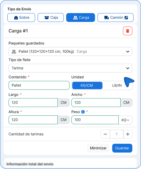 Completa los datos de la carga