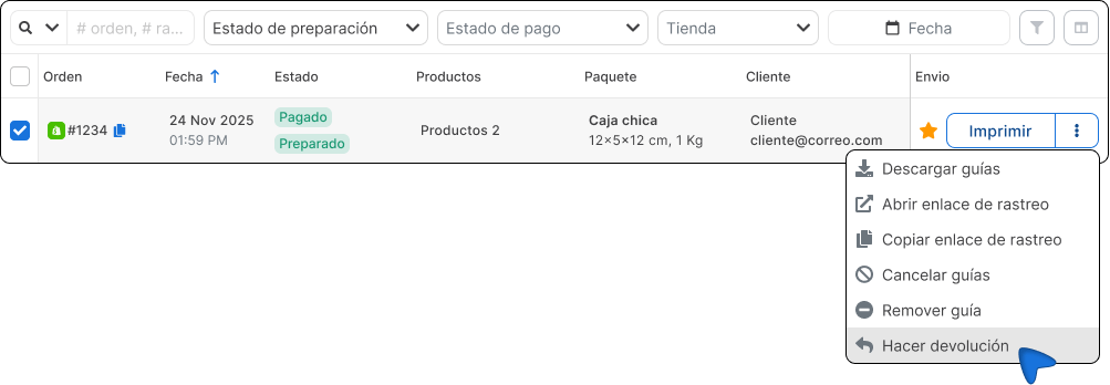 Hacer devolución de una guía.