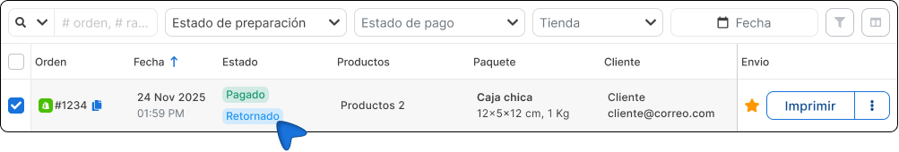 Orden con estado retornado. 