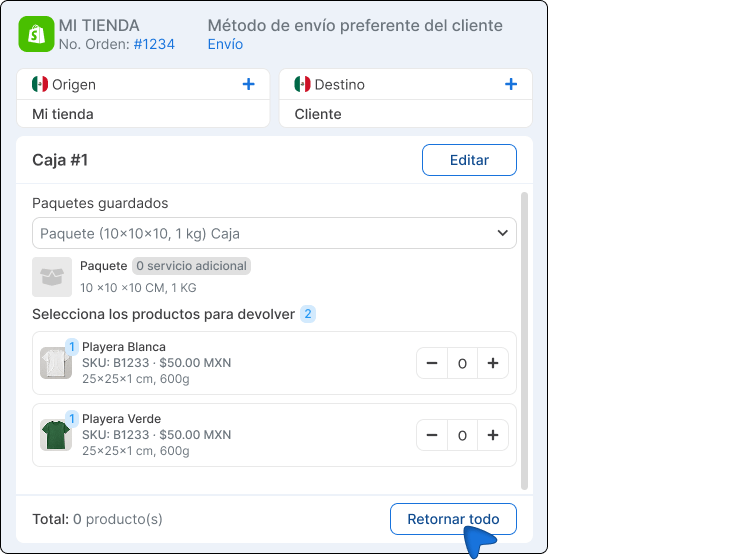 Productos a devolver. 