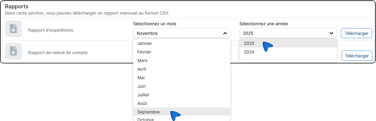 Sélectionnez le mois et l'année du rapport.