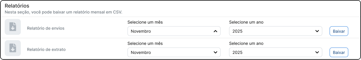 Tipos de transporte disponíveis.