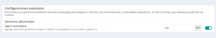 Sección de configuraciones avanzadas en Ecommerce Pro 