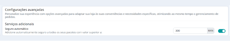 Seção de configurações avançadas no Ecommerce Pro 